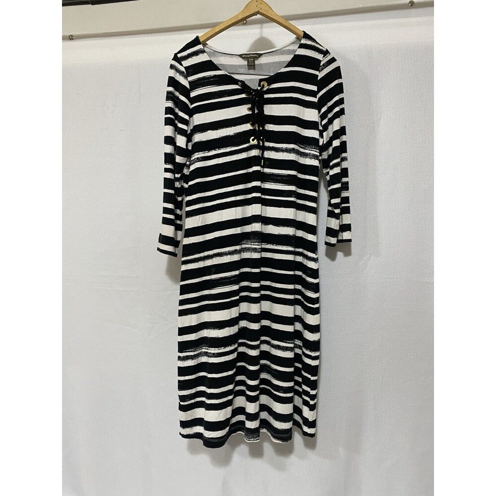Tommy Bahama Sz M Cotton Knit Maxi Dress Scoop Neck Lace Up Black White Cover Up